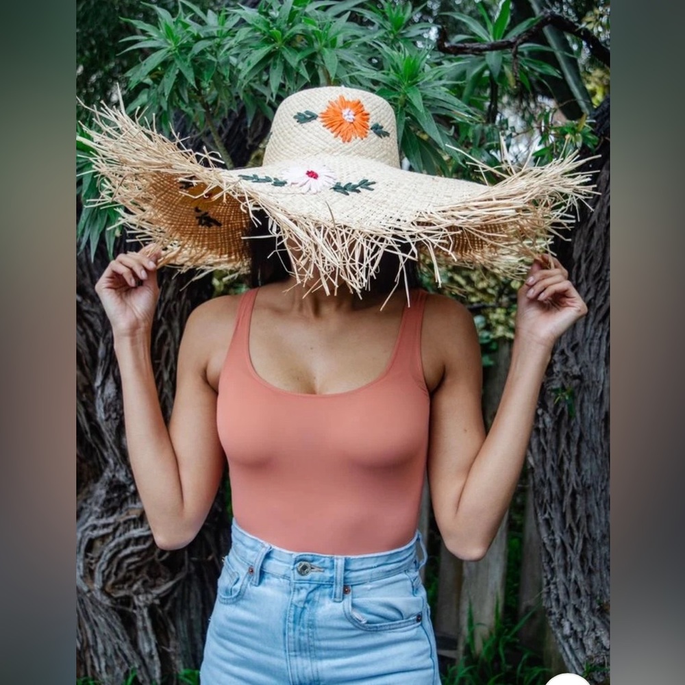Charlotte Sunhat  Colorful Embroidered Floral 100% Raffia Wide Brim with…